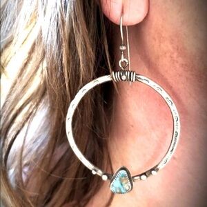 Retro Natural Gemstone turquoise Hoop Earrings 925 sterling